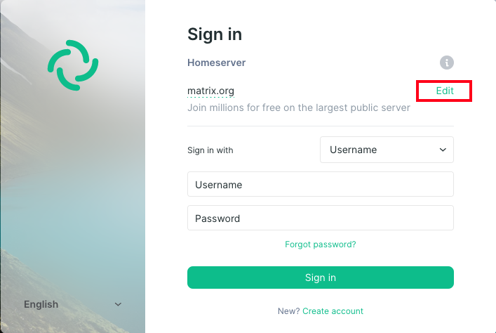 Element login screen